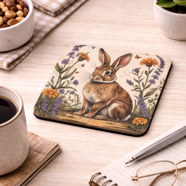 Vintage-Hase mit Wildblumen Getränkeuntersetzer (Von Creator hochgeladen)