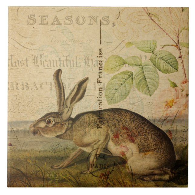 Vintage Hase-Tierillustrations-Blumencollage Fliese (Vorderseite)