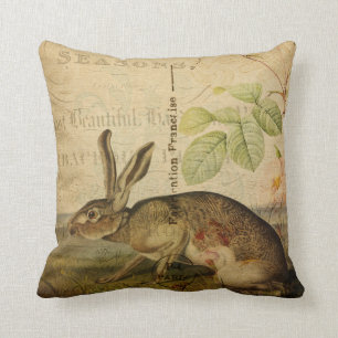 Vintage Hase-Tierillustrations-Blumencollage Kissen