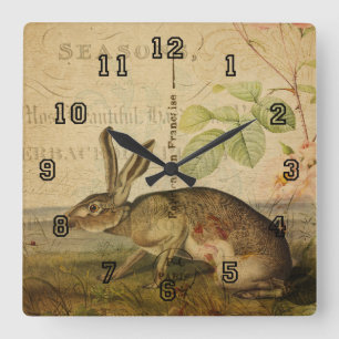 Vintage Hase-Tierillustrations-Blumencollage Quadratische Wanduhr