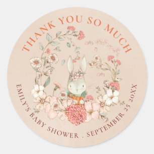 Vintage-Hasen-Blumen Danke Pfirsich-Baby-Party Runder Aufkleber