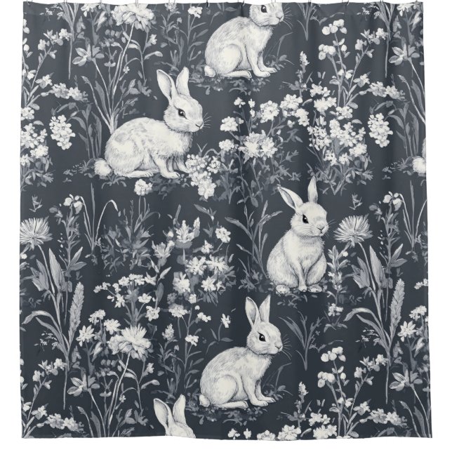 Vintage-Hasen-Frühlings-Schwarz-Toile-Muster Duschvorhang (Vorderseite)