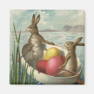 Vintage Hasen im Boot, liebevolle Ostergrüße Magnet