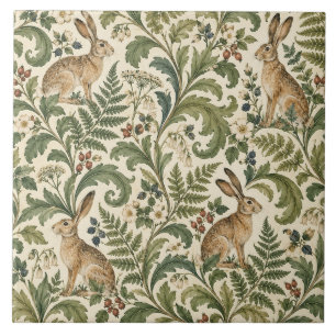 Vintage-Hasen-Keramikfliese mit botanischem Motiv Fliese