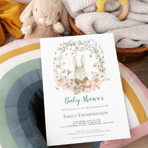 Vintage-Hasen-Laubwerk Entengrau-Blau-Baby-Shower Einladung