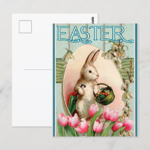 Vintage-Hasen-Tulpen-Blumen und Osterei Postkarte