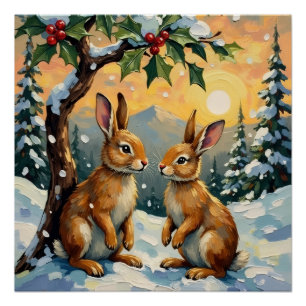 Vintage Hasen unter dem Stechpalmen-Weihnachtsbaum Poster