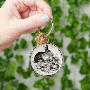 Vintage Hasenfamilien-Illustration, Baby-Häschen Schlüsselanhänger