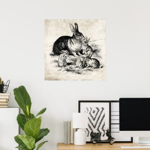 Vintage-Hasenfamilien-Illustration, Baby-Kaninchen Poster