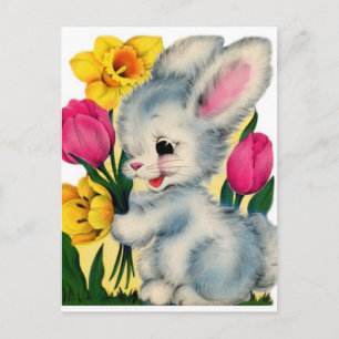 Vintage-Hasenkaninchen mit Blumen aus den 1940er J Postkarte