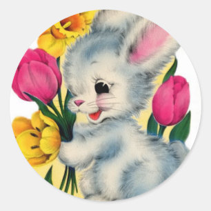 Vintage-Hasenkaninchen mit Blumen aus den 1940er J Runder Aufkleber