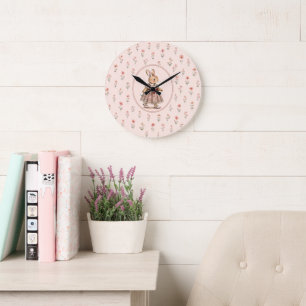 Vintage-Hasenmädchen-Uhr, Florale Kaninchen-Baby-U Große Wanduhr