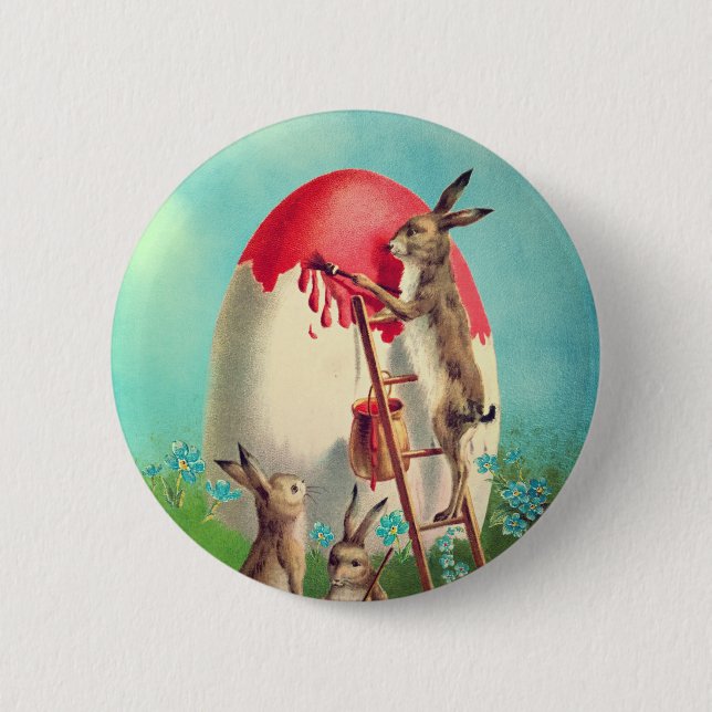 Vintage-Hasenmalerei Ostereier  Button (Vorderseite)