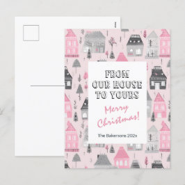 Vintage Häuser auf Pink Christmas Card Feiertagspostkarte