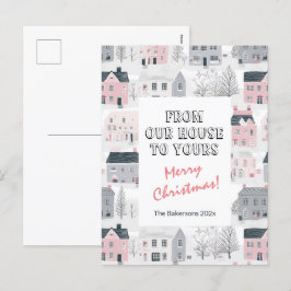 Vintage Häuser Pink Grau Weihnachtskarte Feiertagspostkarte