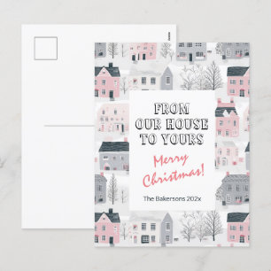 Vintage Häuser Pink Grau Weihnachtspostkarte Feiertagspostkarte