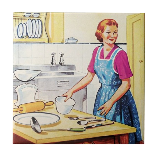 Vintage Hausfrau in der Küche Backen Fliese (Vorderseite)
