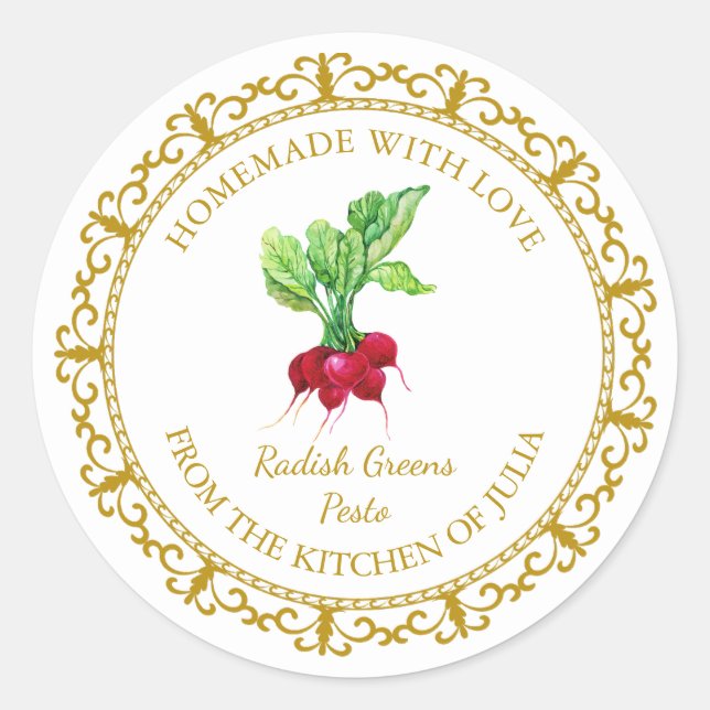 Vintage hausgemachte Radieschen Grüntöne Pesto Runder Aufkleber (Vorderseite)