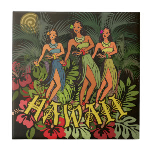 Vintage Hawaii Hula-Tänzer Retro Tiki Palme Fliese