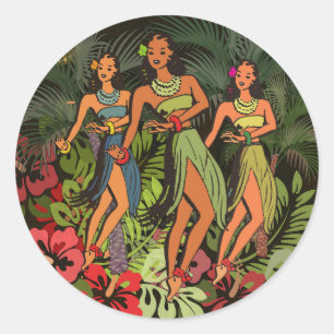 Vintage Hawaii Hula-Tänzer Retro Tiki Palme Runder Aufkleber