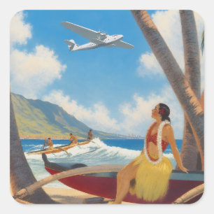 Vintage Hawaiian Hula Mädchen Aloha Flucht Paradie Quadratischer Aufkleber