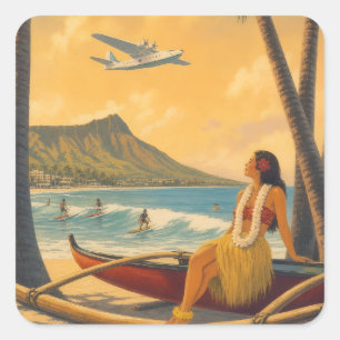 Vintage Hawaiian Hula Mädchen Aloha Flucht Paradie Quadratischer Aufkleber