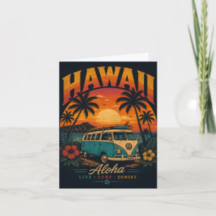 Vintage-Hawaiian-Sonnenuntergang-Palmen-Surfboard- Feiertagskarte