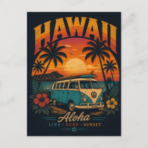 Vintage-Hawaiian-Sonnenuntergang-Palmen-Surfboard- Feiertagspostkarte
