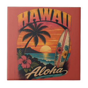 Vintage-Hawaiian-Sonnenuntergang-Palmen-Surfboard- Fliese