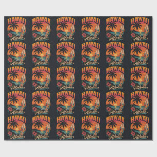 Vintage-Hawaiian-Sonnenuntergang-Palmen-Surfboard- Geschenkpapier