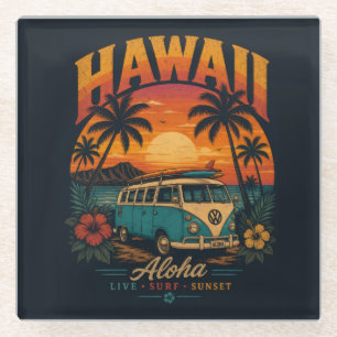 Vintage-Hawaiian-Sonnenuntergang-Palmen-Surfboard- Glasuntersetzer