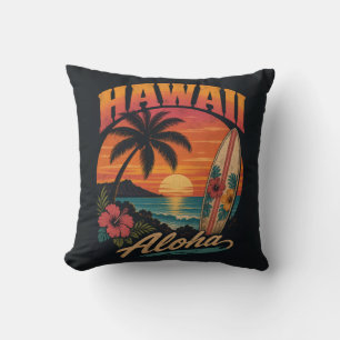 Vintage-Hawaiian-Sonnenuntergang-Palmen-Surfboard- Kissen