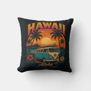 Vintage-Hawaiian-Sonnenuntergang-Palmen-Surfboard- Kissen