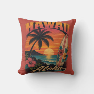 Vintage-Hawaiian-Sonnenuntergang-Palmen-Surfboard- Kissen