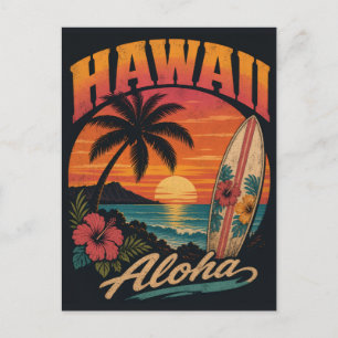 Vintage-Hawaiian-Sonnenuntergang-Palmen-Surfboard- Postkarte