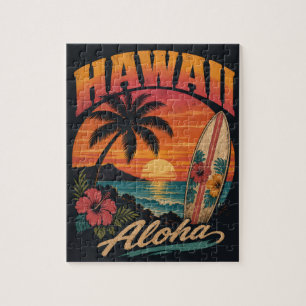 Vintage-Hawaiian-Sonnenuntergang-Palmen-Surfboard- Puzzle