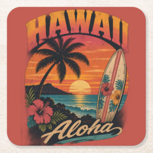 Vintage-Hawaiian-Sonnenuntergang-Palmen-Surfboard- Rechteckiger Pappuntersetzer