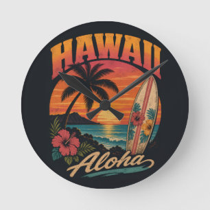 Vintage-Hawaiian-Sonnenuntergang-Palmen-Surfboard- Runde Wanduhr