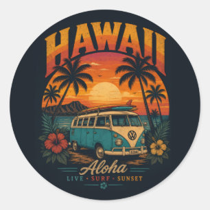 Vintage-Hawaiian-Sonnenuntergang-Palmen-Surfboard- Runder Aufkleber