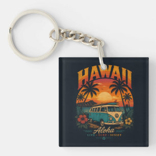Vintage-Hawaiian-Sonnenuntergang-Palmen-Surfboard- Schlüsselanhänger