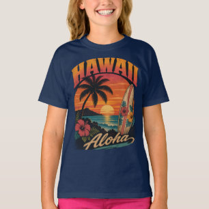 Vintage-Hawaiian-Sonnenuntergang-Palmen-Surfboard- T-Shirt