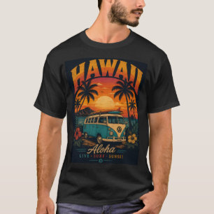 Vintage-Hawaiian-Sonnenuntergang-Palmen-Surfboard- T-Shirt