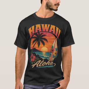 Vintage-Hawaiian-Sonnenuntergang-Palmen-Surfboard- T-Shirt