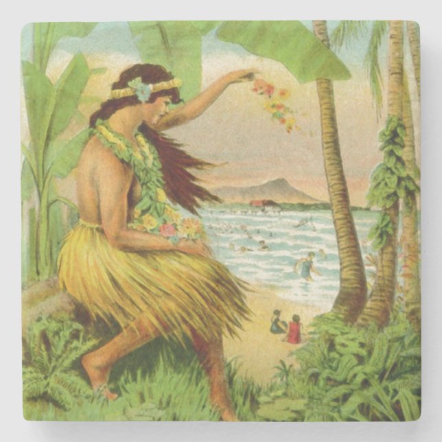 Vintage hawaiianische Reise Steinuntersetzer (Vorderseite)