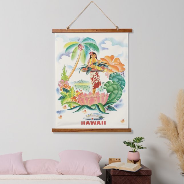 Vintage hawaiianische Reiseplakatwand hängt Wandteppich Mit Holzrahmen (Schlafzimmer)