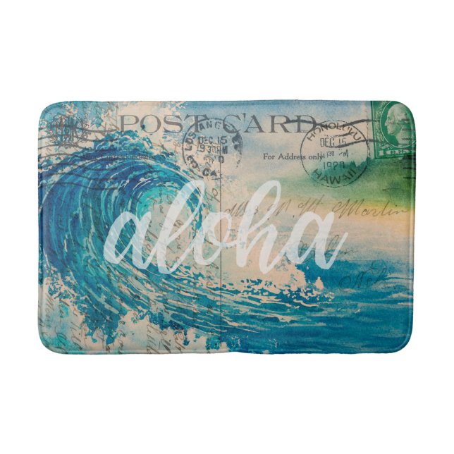 Vintage Hawaiianische Wave-Postkarte Badematte (Vorderseite)
