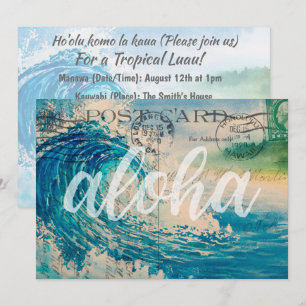 Vintage hawaiianische Wellen-Postkarte Luau-Einlad Einladung