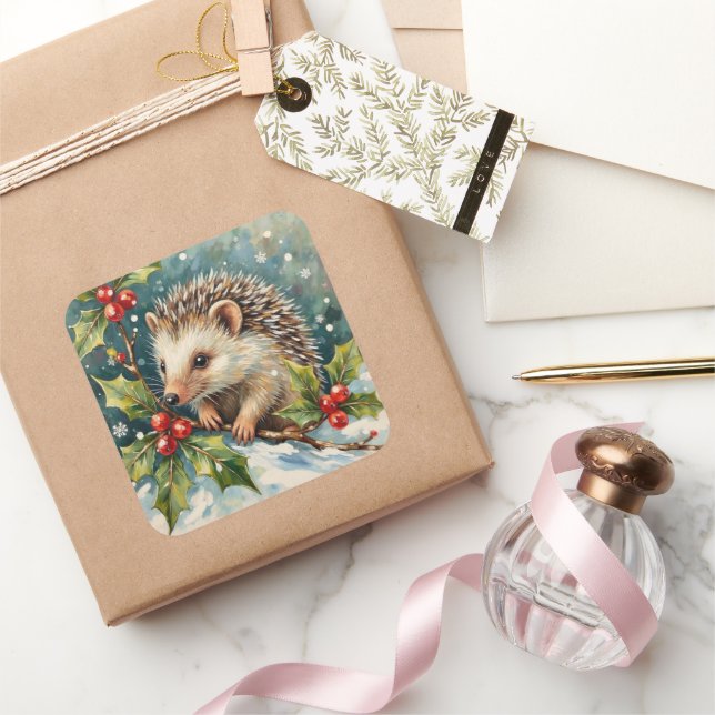 Vintage Hedgehog Among Holly Christmas Quadratischer Aufkleber (Schenken)
