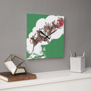 Vintage Heiligabend, Retro Weihnachtsmann im Schli Quadratische Wanduhr