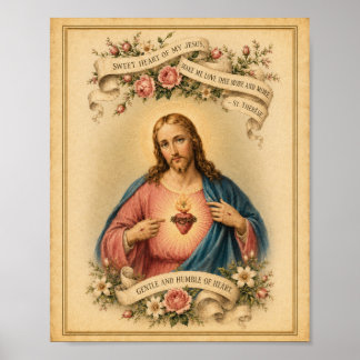 Vintage-Heiliges Herz Jesu mit Gebet von St. There Poster